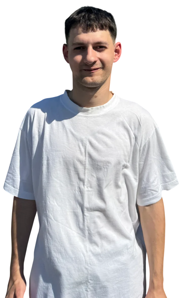 Ivan Zolatau smiling, in a white T-shirt